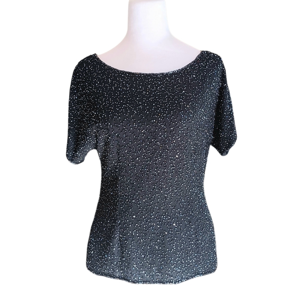 Cristall Collection Top Women's‎ Size 8 Black Beaded Scoop Neck Blouse